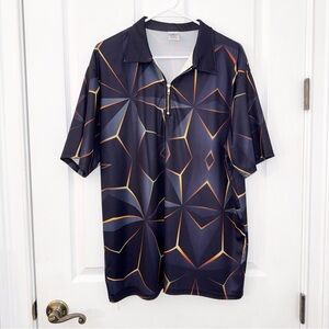 Black Blue Orange Geometric Patterned Collared Quarter Zip Short Sleeve Shirt2XL